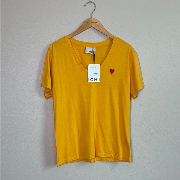 ICHI Women Large Beeswax IHKENNEDY Cotton Modal Vneck Short Sleeve Tee Heart New - Picture 1 of 12